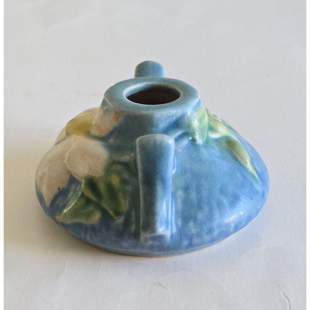 Vintage Roseville Pottery Candle Holder Clematis Blue Floral Retro USA 1940s - Picture 5 of 11